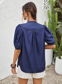 EMERY ROSE Women's Summer Short Puff Sleeve Pocketed Button Half Placket Casual Denim Top - Dark Wash - View 2