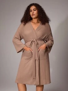 Bata con bolsillos dobles, hombros caídos, tejido de gofre y cinturón, cómoda y elegante, atuendos de otoño e invierno - Marrón Mocha - Ver 4