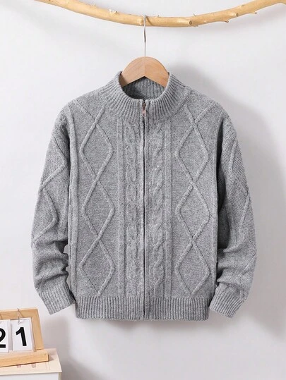 男童扭绳纹理高领拉链休闲开衫，适合度假、休闲、运动、上学、派对、骑行、秋冬