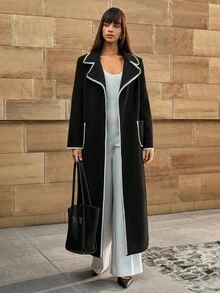 CLARA VERO Contrast Color Trim Belted Pocket Elegant Long Sleeve Winter Jacket - Black - View 4