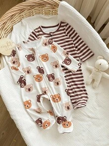 SHEIN 新生女婴可爱休闲卡通图案针织长袖连体衣