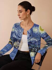 Shutterstock Glamance جاكيت كاجوال بسيطة للنساء، مناسبة للخريف، طباعة فنية على الكارديجان، كارديجان أزرق للنساء - متعدد الألوان - مشاهدة 5