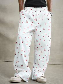 Manfinity Roghcode 休闲宽松阔腿纽扣口袋男士裤子，心形裤，泰迪熊裤，印花裤，白色裤子，适合秋季 - 白色 - 查看 1