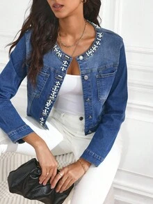 SHEIN Tall Women's Casual Washed Denim Jacket With Rivet And Rhinestone Decoration - Blue - View 4