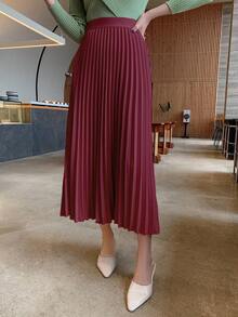 DAZY Solid Color Elegant Pleated Women's Skirt, Spring/Summer Winter Women Skirts - Burgundy - View 3