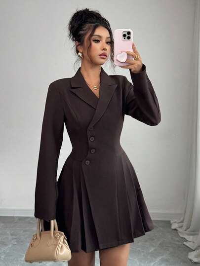 Elenzga 女士优雅复古领口修身 A 字形连衣裙，侧褶，长袖常规夹克，适合办公室、通勤、下午茶、派对、返校、秋冬