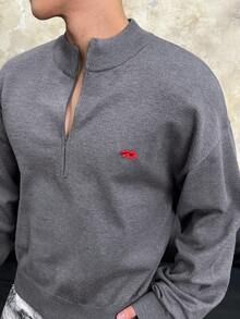 SWAVVY Men's Casual Commuter Polar Bear Embroidery Half-Zip Raglan Loose Pullover Sweater, Autumn/Winter - Dark Grey - View 4