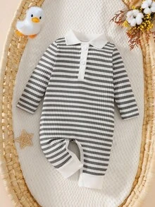 SHEIN Newborn Baby Girl Cute Striped Collar Long Sleeve Jumpsuit, Lightweight & Comfortable Summer Outfit Fall Winter - Grey - View 3