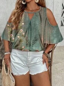 EMERY ROSE 返校季教师节假期风格休闲百搭大码露肩假日风格复古欧式优雅花卉图案锁眼领衬衫，暑假 - 彩色 - 查看 3