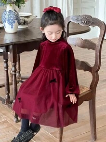 DAZY 女孩年轻女孩秋冬时尚荷叶边拼接蝴蝶结设计长袖天鹅绒网眼派对连衣裙，适合日常穿着、节日和派对圣诞节、新年 - 酒紅色 - 查看 7