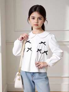 Elladie kids Young Girls' Spring/Autumn White Blouse: Peter Pan Collar, Puff Sleeves, Ruffle Patchwork, Contrast Bowknot , Elegant Sweet Style - White - View 1