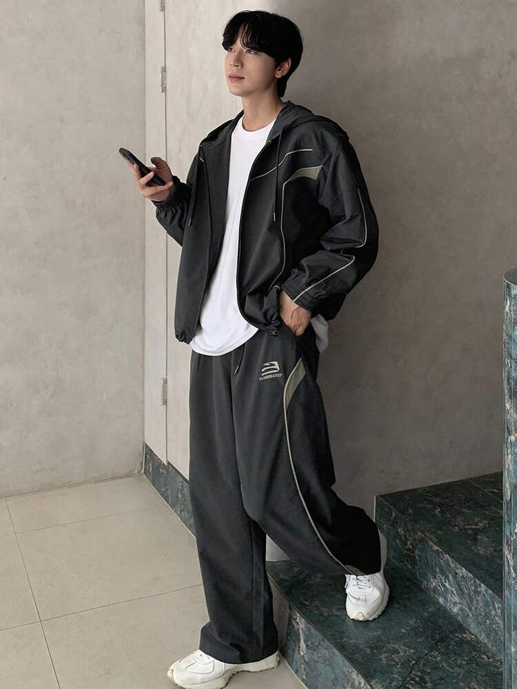 Men's Autumn Patchwork Color Block Decorative Line & Letter Embroidery Streetwear Jacket Set Hoodie