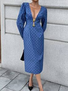 Chiquease Women's Polka Dot Print Deep V-Neck Long Sleeve Dress Fall Cloth For Women - Blue - View 1