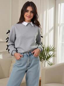 SHEIN Teen Girls Casual Cute Bowknot Collegiate Style 2 In 1 Fake Collar Grey Sweatshirt - Grey - View 8