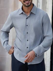 Manfinity Bizformal Men's Casual Commuter Striped Long Sleeve Shirt Men Striped Shirt Men Business Casual Shirt Men Dress Shirt Blue Striped Shirt Gray Striped Shirt Men Striped Shirt Grey Striped Shirt, For Fall - Blue - View 3