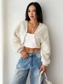 SHEIN PETITE 純色休閒秋冬女款長袖刷毛夾克 小碼可愛風 - 白色 - 查看 7