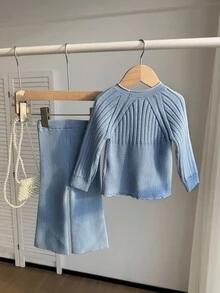 SHEIN Baby Girl Solid Color Round Neck Raglan Sleeve Knit Casual Sweater Set Fall Winter - Baby Blue - View 2
