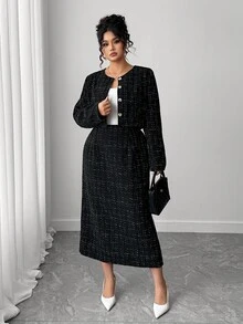 Elenzga Plus Size 2 Pieces Set: Elegant Long Sleeve Jacket And Slit Skirt Fall Cloth For Women Fall Winter - Black - View 1