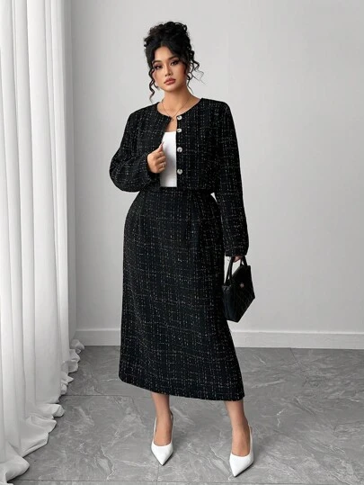 Elenzga 加大码两件套：优雅长袖夹克和开衩裙