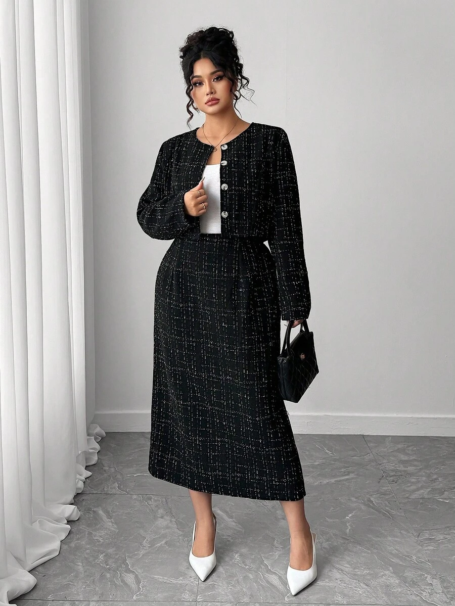 Elenzga Plus Size 2 Pieces Set: Elegant Long Sleeve Jacket And Slit Skirt Fall Cloth For Women Fall Winter - Black - View 1