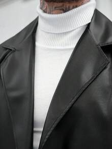 Manfinity CasualCool 男士纯色翻领长袖单排扣休闲 PU 皮革风衣，秋季 - 黑色 - 查看 7