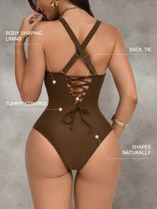 Shapewave Women's Brown Patchwork Push-Up Tummy Control One-Piece Swimsuit With Tying Straps, Backless Design, Elegant & Sexy For Party, Pool - Coffee Brown - View 2
