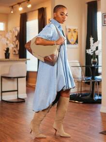 BamGleam 休闲性感女式牛仔连衣裙 - 藍色 - 查看 4