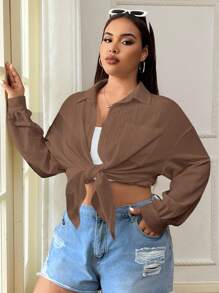 SHEIN EZwear Kemeja Wanita Ukuran Besar Kasual Warna Polos Kancing Sederhana Cokelat, Pakaian Musim Gugur untuk Wanita - Coklat - View 7