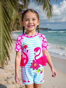 Young Girl Flamingo & Flower Print Ruched Trim Striped Sleeveless Romper Swimsuit, Suitable For Beach, Swimming And Holiday Wear - Multicolor - View 1