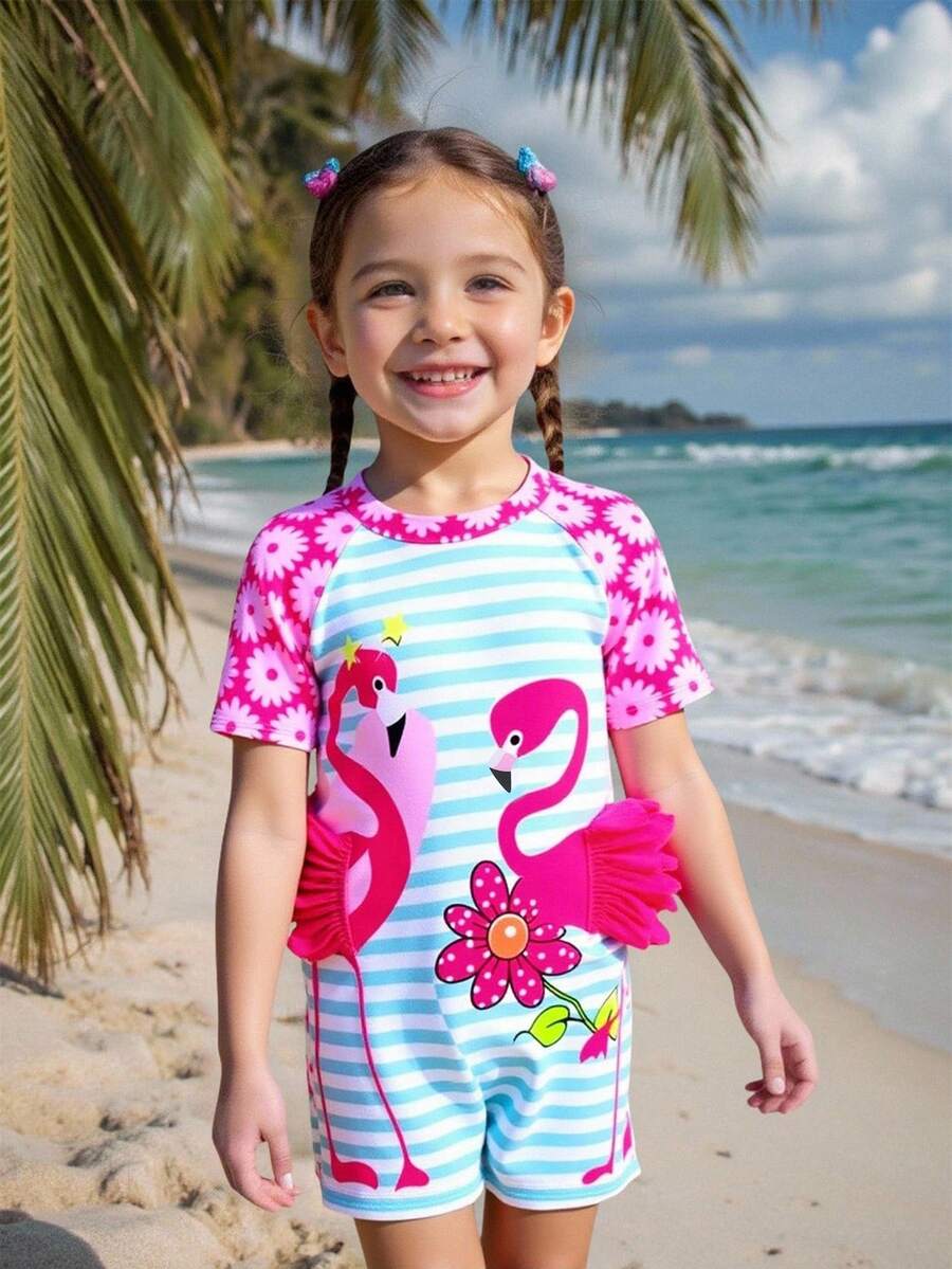Young Girl Flamingo & Flower Print Ruched Trim Striped Sleeveless Romper Swimsuit, Suitable For Beach, Swimming And Holiday Wear - Multicolor - View 1