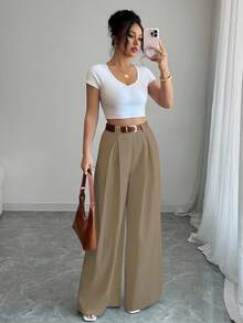 SHEIN Tall Women's Solid Color High Waist Pleated Wide Leg Loose Casual Pants Fall Cloth For Women