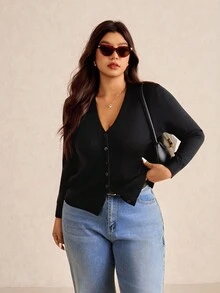 Elaquor Chaqueta de punto con botones de talla grande, para el invierno - Negro - Ver 6