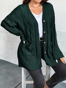EURMUSE Plus Size Casual Solid Color Front Button Textured Knit Cardigan, Autumn/Winter - Dark Green - View 3
