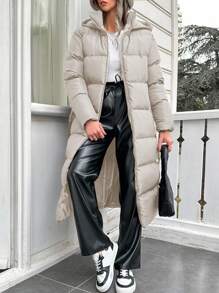 EURMUSE 女士纯色长袖连帽休闲棉服外套，冬季 - 駝色 - 查看 1