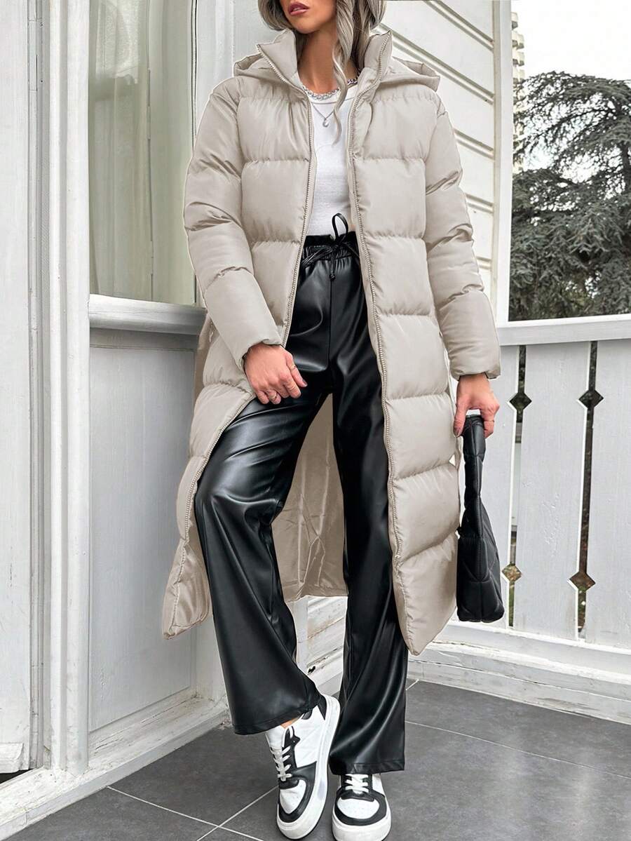 EURMUSE 女士纯色长袖连帽休闲棉服外套,冬季 - 駝色 - 查看 1