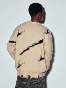 MODCRASH Men's Street Fashion Letter Embroidered Distressed Hole Versatile Knit Sweater, Autumn/Winter - Khaki - View 2