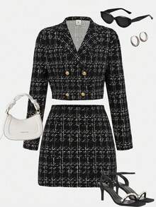 Girlism 少女都市时尚长袖夹克和贴身迷你裙套装 - 黑色 - 查看 1