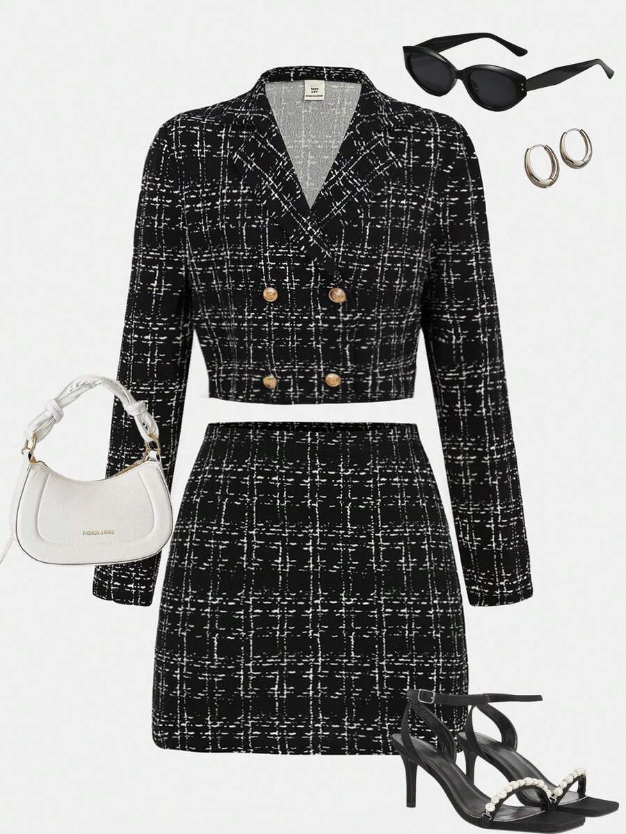 Girlism 少女都市时尚长袖夹克和贴身迷你裙套装 - 黑色 - 查看 1