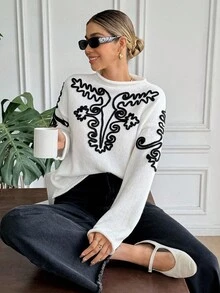 Serisse Women's Elegant White And Black Patterned Sweater,Autumn Casual Loose Fit Drop Shoulder Long Sleeve Chic Sweater For Party,Brunch,,Winter - Apricot - View 3