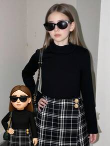 Emery Rose Kids Emery Rose Kids 女童可爱针织黑色长袖上衣和格子松紧腰短裤套装，休闲优雅的日常服装，秋冬 - 黑色 - 查看 8