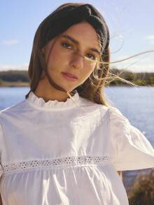 Aralina Fall/Winter Chic Poplin Broderie Detail Puff Sleeve HIgh Neck Short Sleeve Ruffle Shirt Perfect For Office Outfits For Women And Christmas Day Fairycore Flowy Babydoll Top Elegant Top For Vacation And Festival Outfits - White - View 4