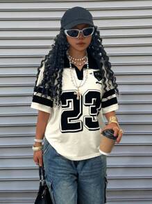 INAWLY Women's Casual Colorblock Striped Numeric Print T-Shirt