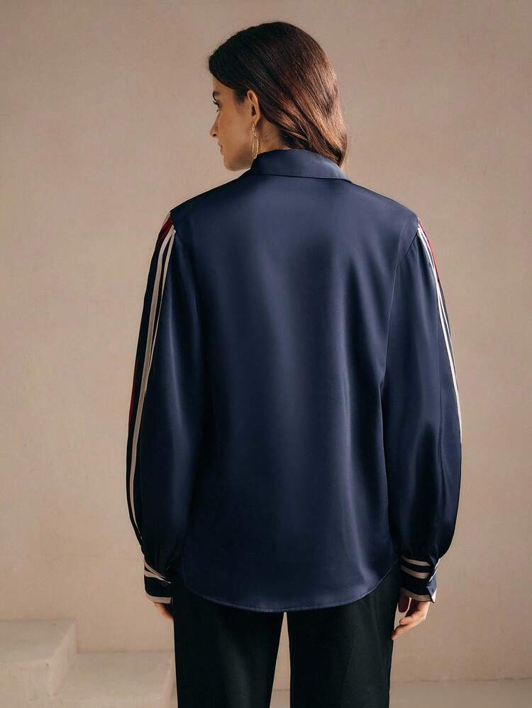 Women's Casual Commuter Loose Collar Contrast Stripe Lantern Sleeve Shirt