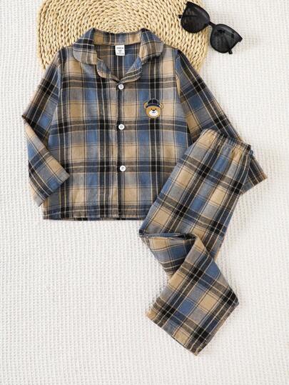 2pcs Toddler Boys' Casual Plaid Cartoon Bear Print Long Sleeve Cardigan And Pants Pajama Set, Comfortable For Spring, Autumn & Winter Toddler Boy Plaid Pajama Set Boy 2 Piece Plaid Set Toddler Co Ord Set Boys Button Up Pajama Set Fall