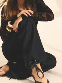 Aralina Fall/Winter Baggy Fit Wide Leg Dark Wash Denim Trouser Pants With Adjustable Drawstring Detail On Waistband And Leg Stockholm Style Balloon Pant For Work Outfit For Women