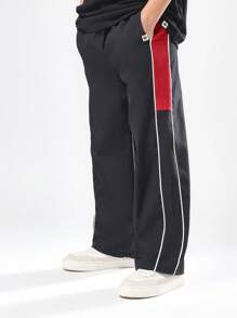 SUMWON Conjunto de camiseta de manga corta y pantalones de pierna ancha de estilo casual y moderno con logo de caligrafía, conjunto coordinado de estilo callejero de verano - Negro - Ver 4