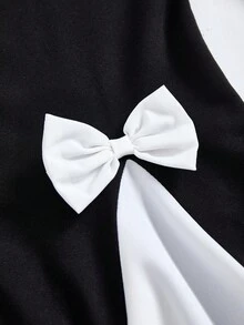 SHEIN Explorewe Vestito di moda per ragazze pre-adolescenti con collo rotondo, maniche lunghe, fiocco decorativo e orlo arricciato con effetto colorblock - nero - Visualizzare 5