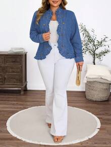 SHEIN 秋冬大码女式纯色水洗牛仔夹克 - 淺色水洗藍 - 查看 5