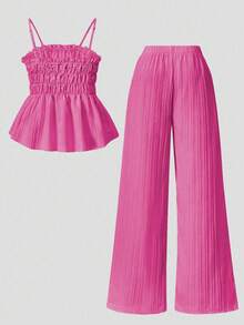 SHEIN 2件套少女荷叶边吊带褶皱蝴蝶结吊带背心和裤子套装，时尚百搭，适合度假和日常穿着 - 玫紅色 - 查看 2