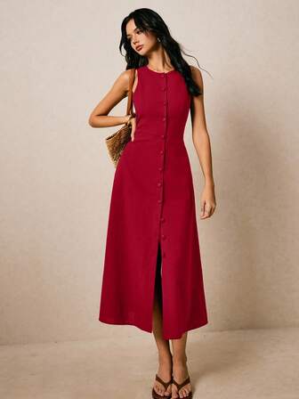 Poéselle 女士纯色圆领单排扣无袖优雅棉质连衣裙